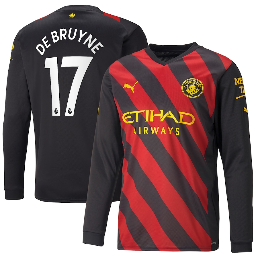 Manchester City Away Shirt 2022-23 - Long Sleeve with De Bruyne 17 printing