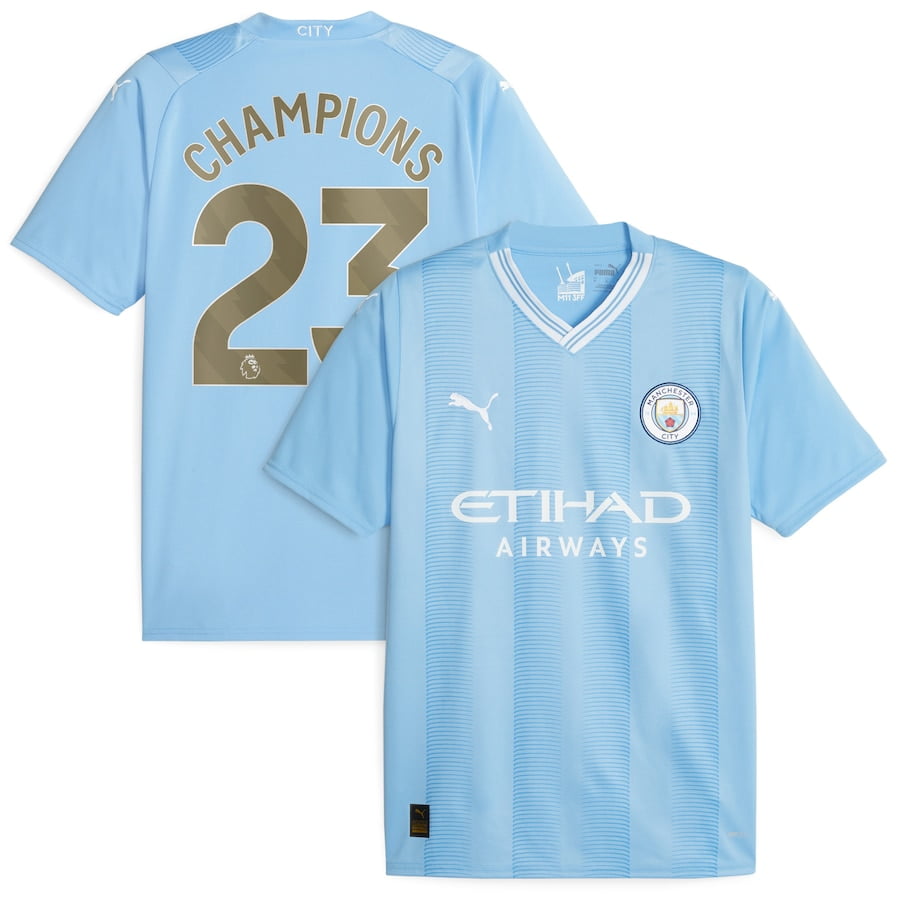 Manchester City Home Shirt 2023-24 with Champions 23 printing