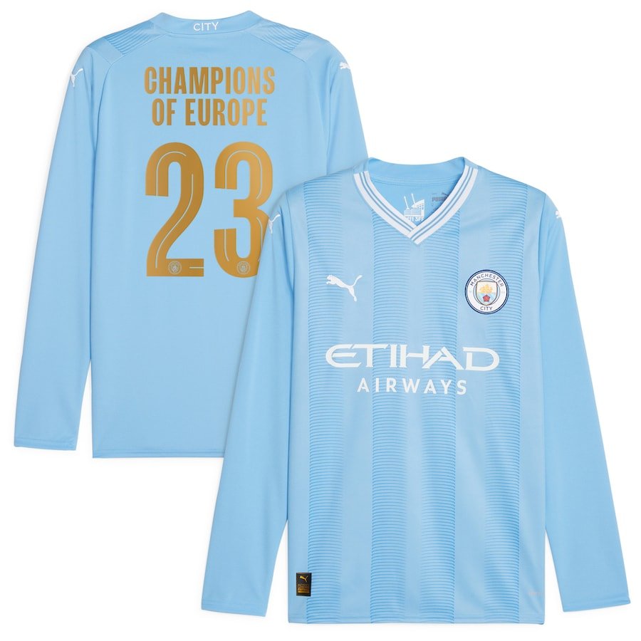 Manchester City Home Shirt 2023-24 Long Sleeve with Champions of Europe 23 printing